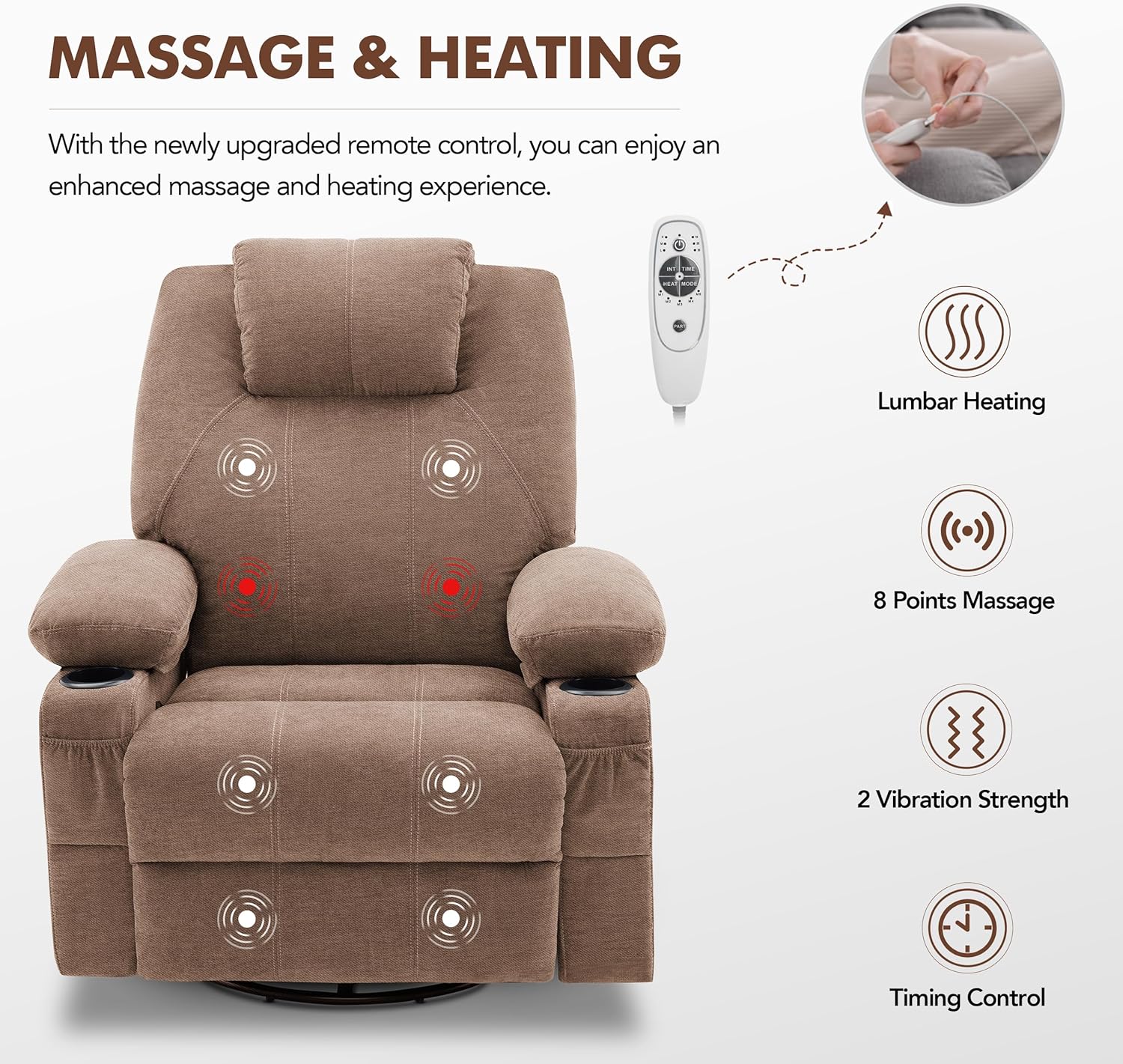 Grand fauteuil inclinable pivotant à bascule avec fonction chauffage et massage, canapé simple pivotant à 360 degrés