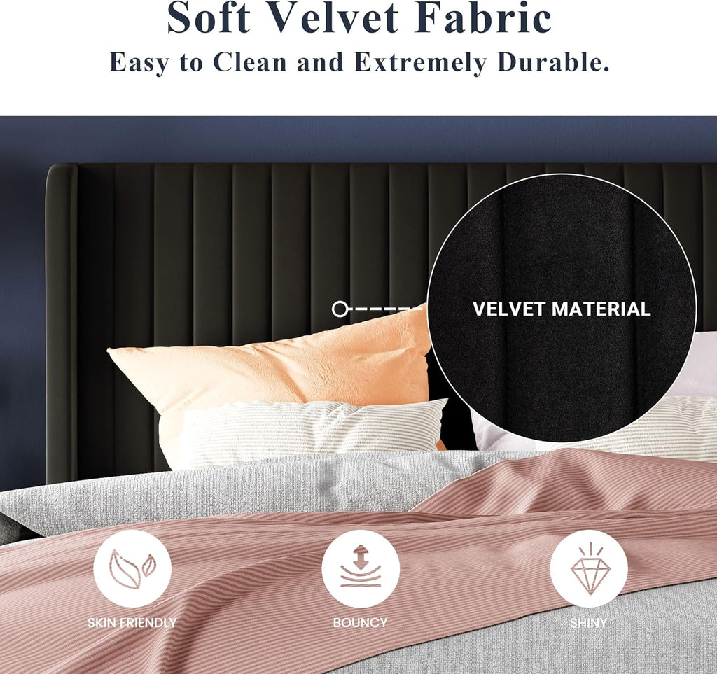 Cadre de lit Allewie en velours pleine grandeur/tête de lit capitonnée à oreilles verticales/lit plateforme rembourré/lattes en bois robustes