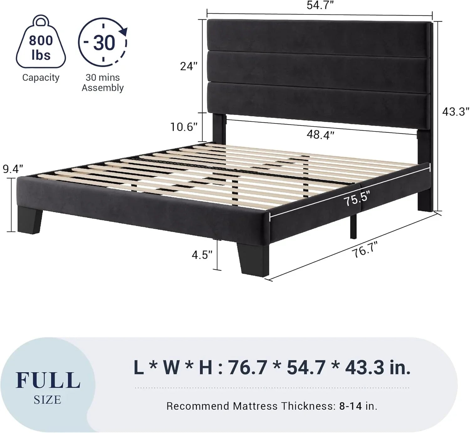 Cadre de lit plateforme Allewie Queen Size avec tête de lit rembourrée en tissu et support à lattes en bois, sommier entièrement rembourré (pas besoin de sommier)