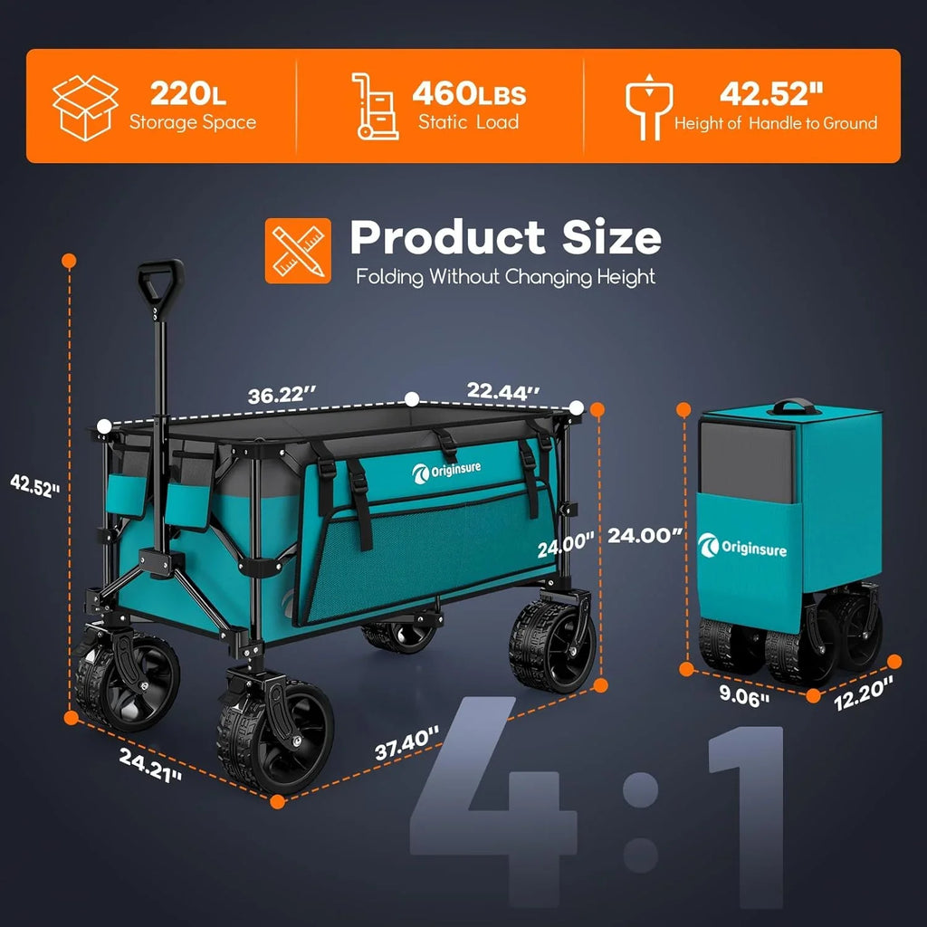 Poussette pliable à quatre roues de 96 cm de long, pliable, capacité de 200 kg, poussette de plage pliable robuste de 220 litres avec de grands pneus tout-terrain