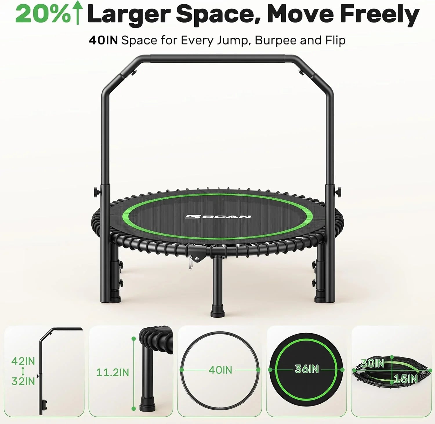 Mini-trampoline pliable BCAN 450/550 lb, trampoline de fitness 40"/48" stable et silencieux