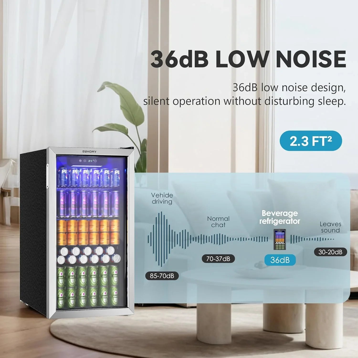 Réfrigérateur à boissons EUHOMY, mini-réfrigérateur 130 canettes avec porte vitrée pour soda, bière ou vin, refroidisseur de boissons pour la maison et le bureau