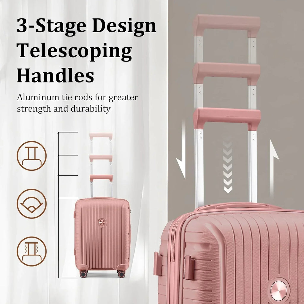 Ensemble de 5 valises de voyage légères à coque rigide en PP avec deux roulettes pivotantes et serrure TSA