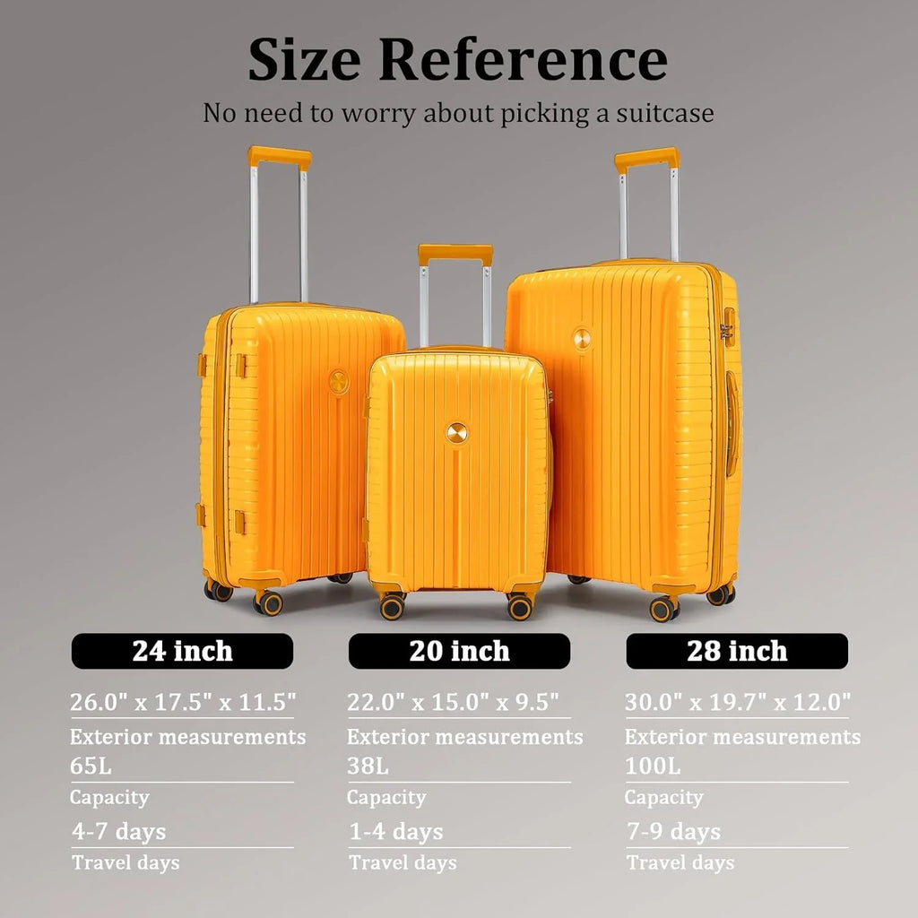 Ensemble de 5 valises de voyage légères à coque rigide en PP avec deux roulettes pivotantes et serrure TSA