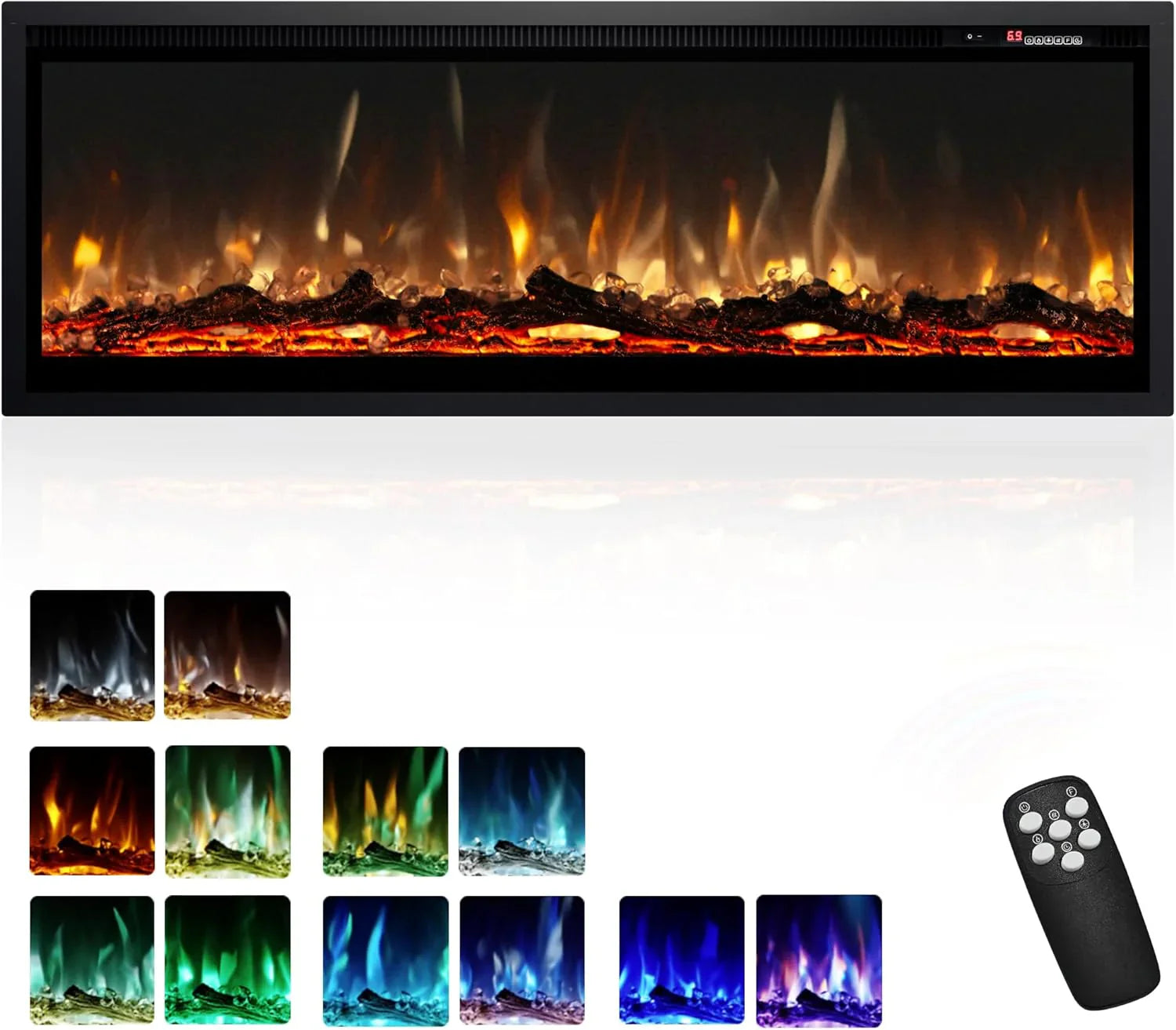 EUHOMY Cheminée électrique encastrée et murale de 50 pouces avec couleur de flamme réglable, chauffage de cheminée avec télécommande, cheminée linéaire avec minuterie, écran tactile, bûche et cristal, 750/1500 W