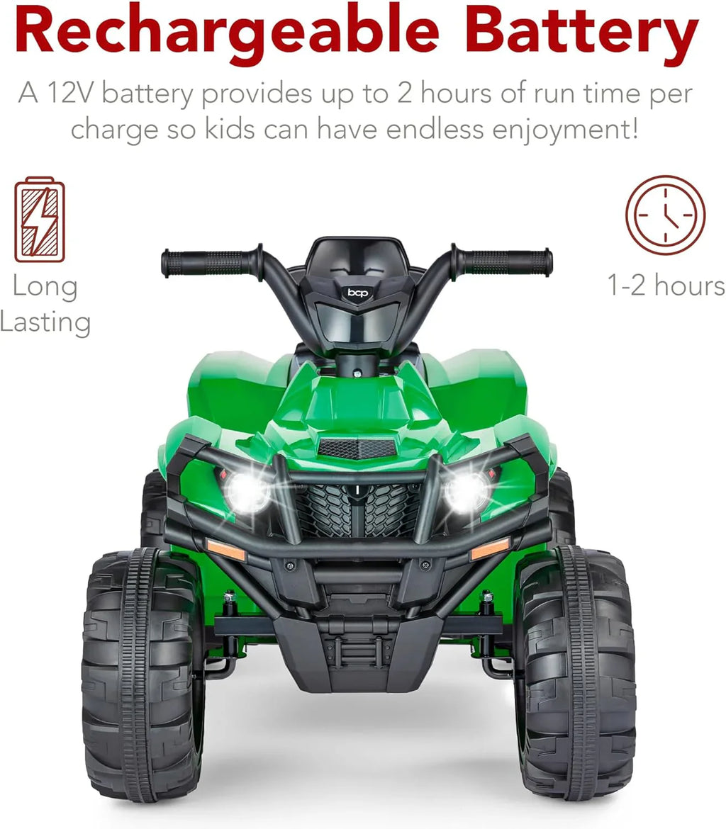 Véhicule tout-terrain électrique 12 V pour enfants, quad à 4 roues avec audio Bluetooth, vitesse maximale de 2,4 mph, pneus à crampons, phares à LED et radio.