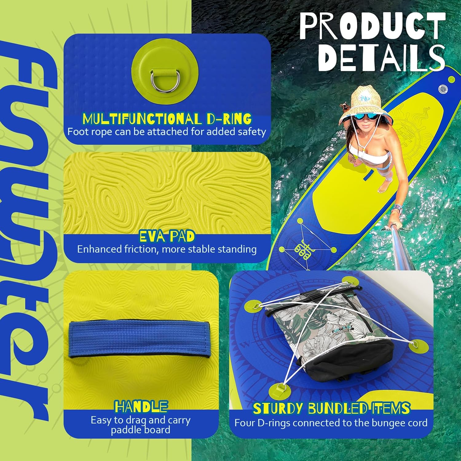 Planche de stand up paddle gonflable FunWater avec accessoires de pagaie SUP haut de gamme, pont EVA antidérapant, pagaie 11'/10'6'
