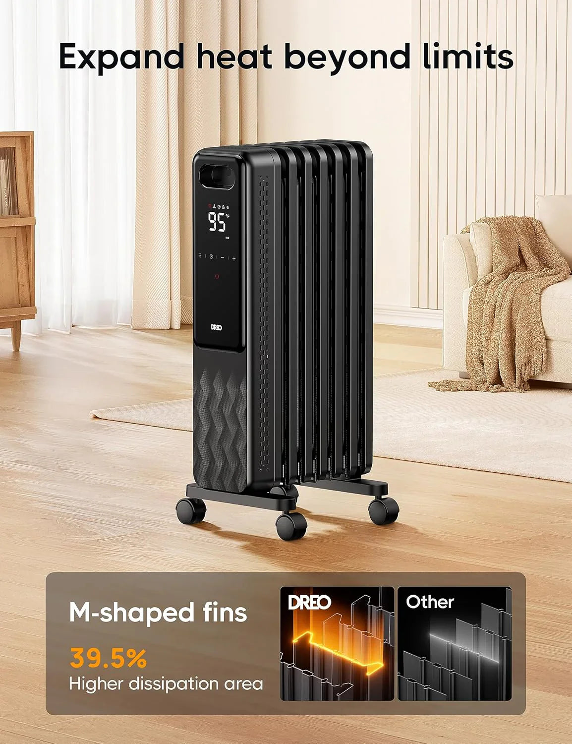 Radiateur radiant électrique d'intérieur avec protection contre la surchauffe et le basculement, thermostat numérique, radiateur à bain d'huile