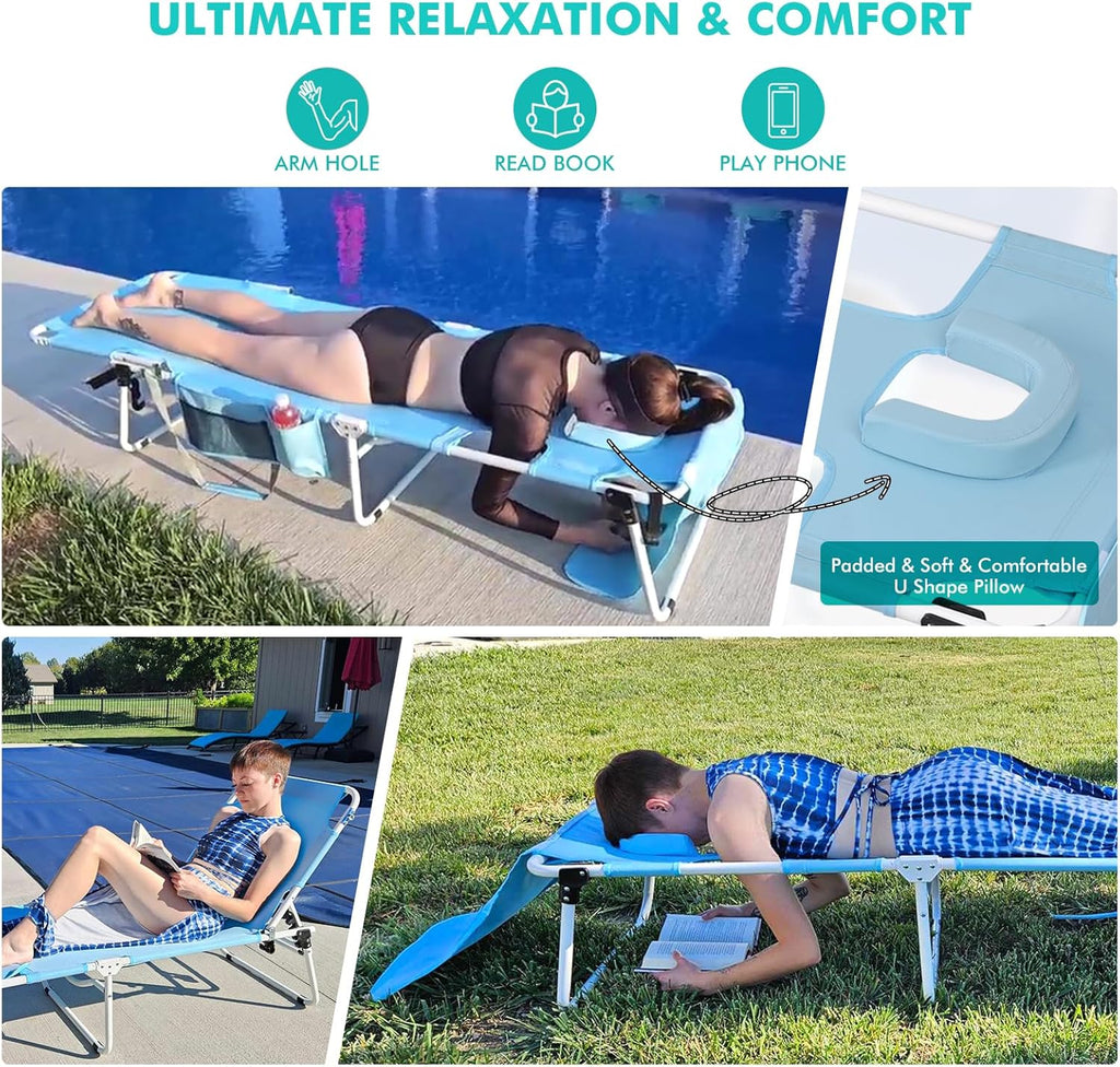 Chaise longue pliante robuste avec parasol, inclinable 5 positions, pour adultes