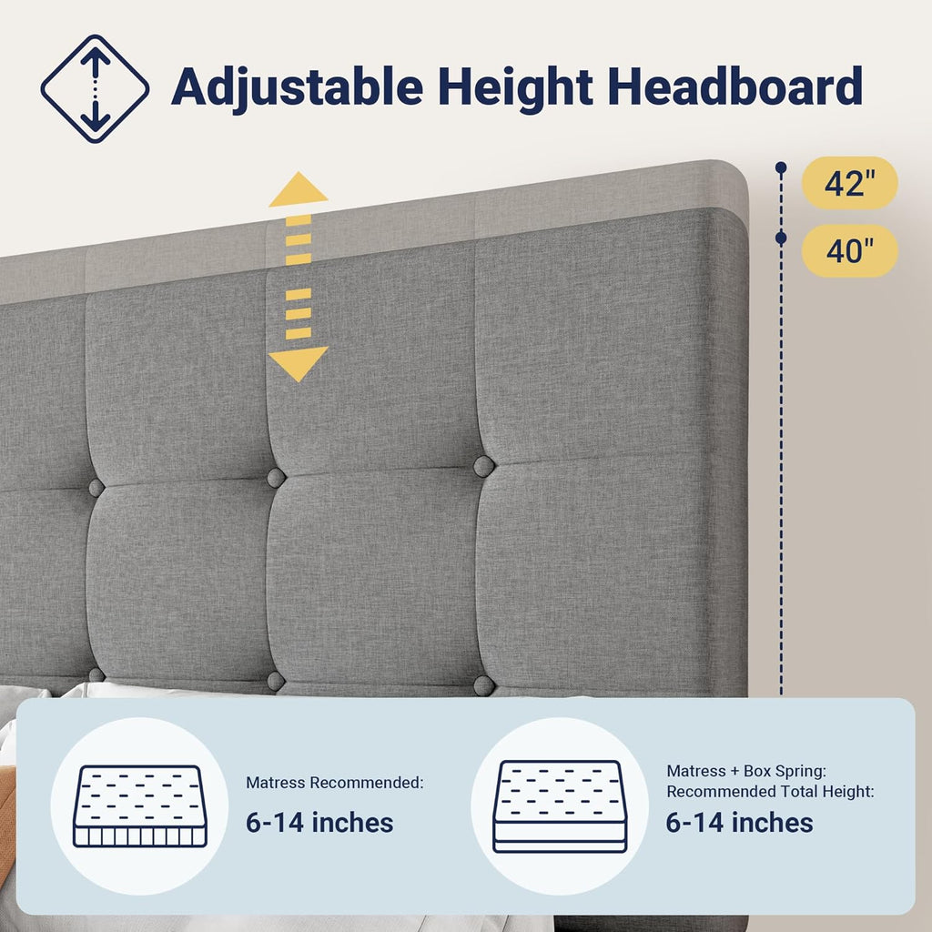 Cadre de lit plateforme Allewie rembourré Queen Size avec 4 tiroirs de rangement et tête de lit, capitonné à boutons à coutures carrées, sommier à lattes en bois, pas besoin de sommier.