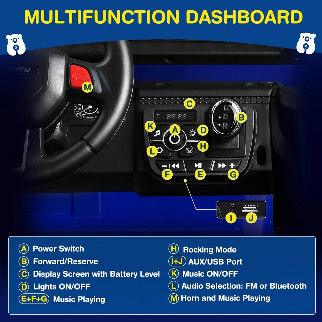 Trottinette électrique L8 pour enfants, 2 places, 12 V, avec télécommande, suspension à 4 roues et haut-parleur Bluetooth.