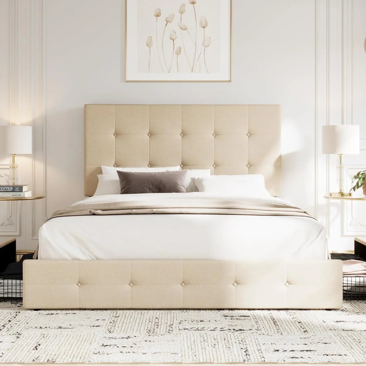 Cadre de lit plateforme Allewie rembourré Queen Size avec 4 tiroirs de rangement et tête de lit, capitonné à boutons à coutures carrées, sommier à lattes en bois, pas besoin de sommier.