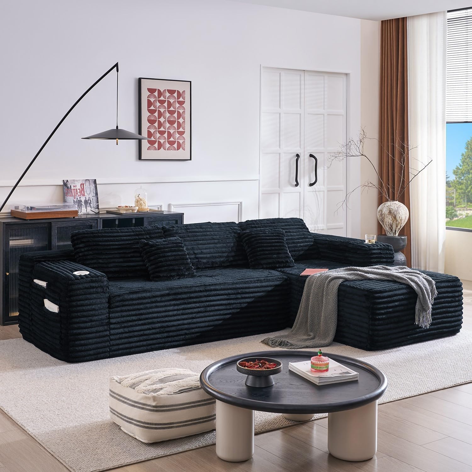 Cloud section sofa with L-shaped recliner, modern modular sofa, built-in cup holder