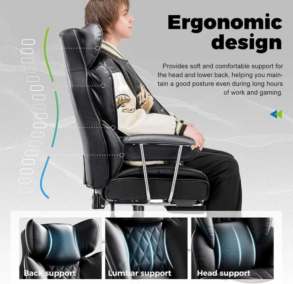 Grande chaise de bureau à dossier haut, chaise de jeu en cuir à dossier haut avec repose-pieds