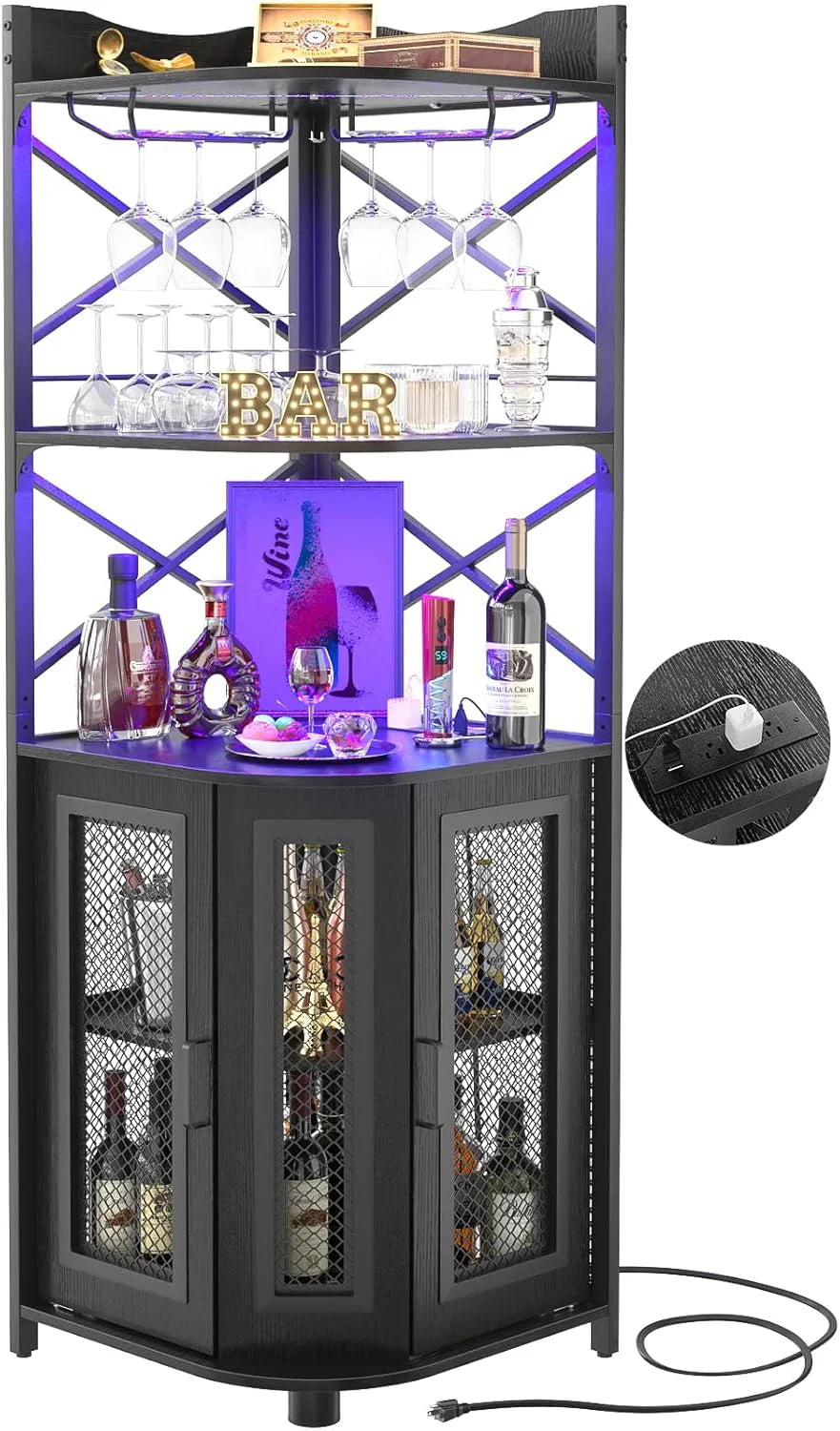 Meuble bar d'angle avec prise de courant, armoire à vin de style industriel avec bande lumineuse LED et support à verres, meuble bar à vin à cinq niveaux pour la maison, vitrine d'angle pour petit espace