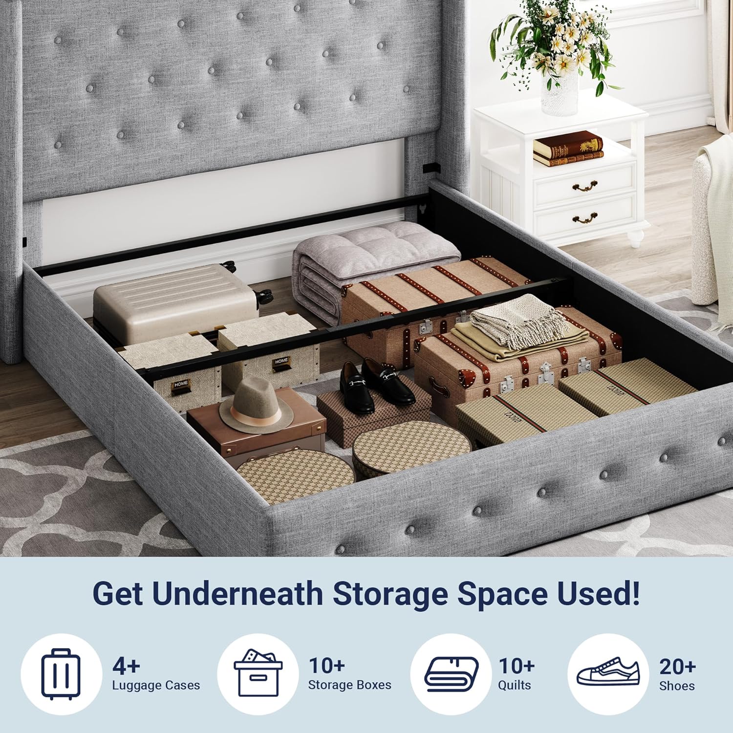 Lit queen-size relevable avec rangement Allewie, tête de lit à oreilles moderne et support hydraulique