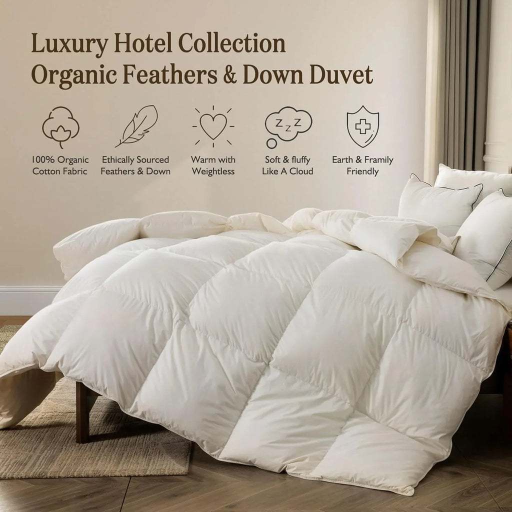 Couette en duvet biologique taille queen, noyau en duvet moelleux, housse 100 % coton, rembourrage en duvet moelleux