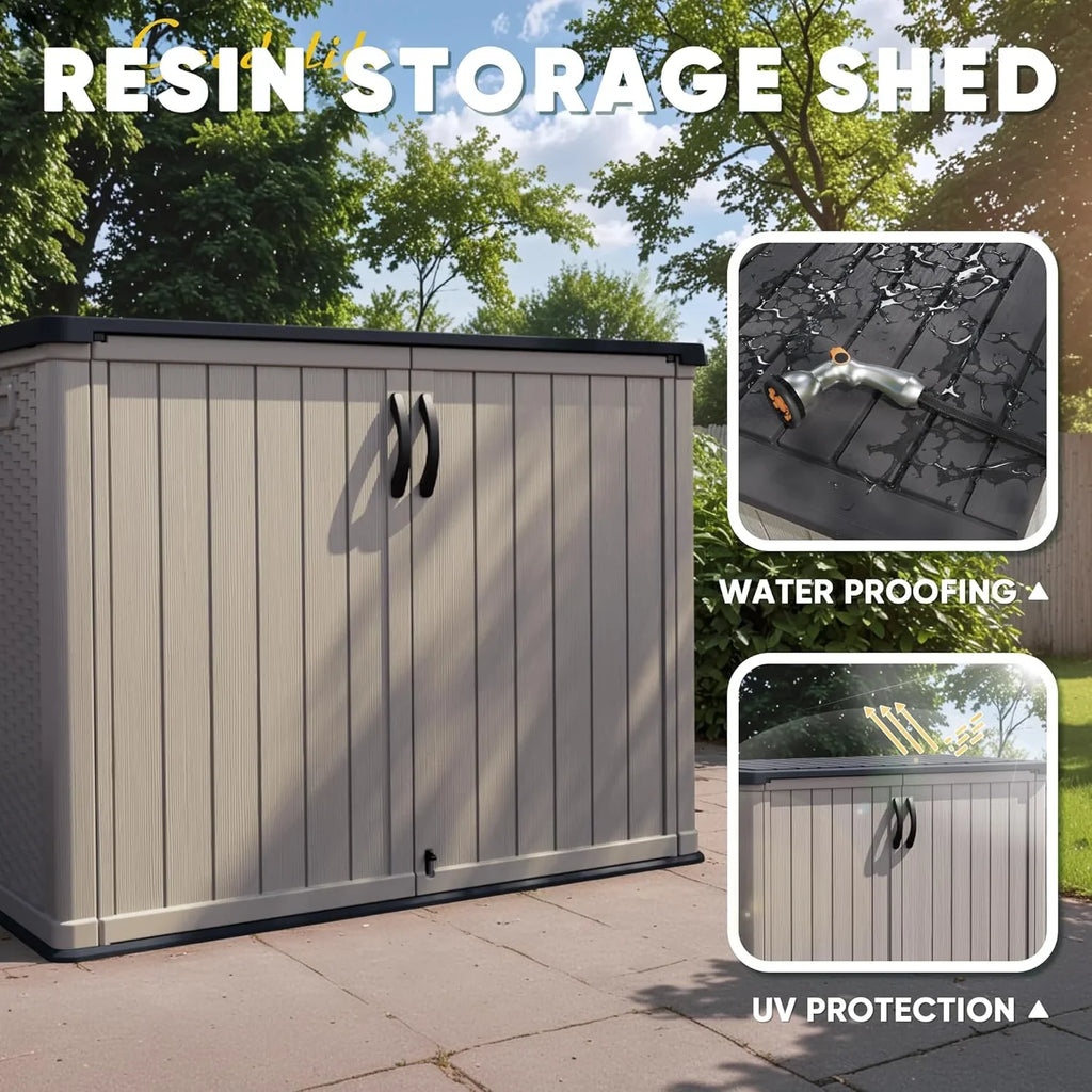 Armoire de rangement extérieure Devoko 26 pi³ avec portes verrouillables, abri de rangement horizontal, boîte de rangement étanche pour outils de patio