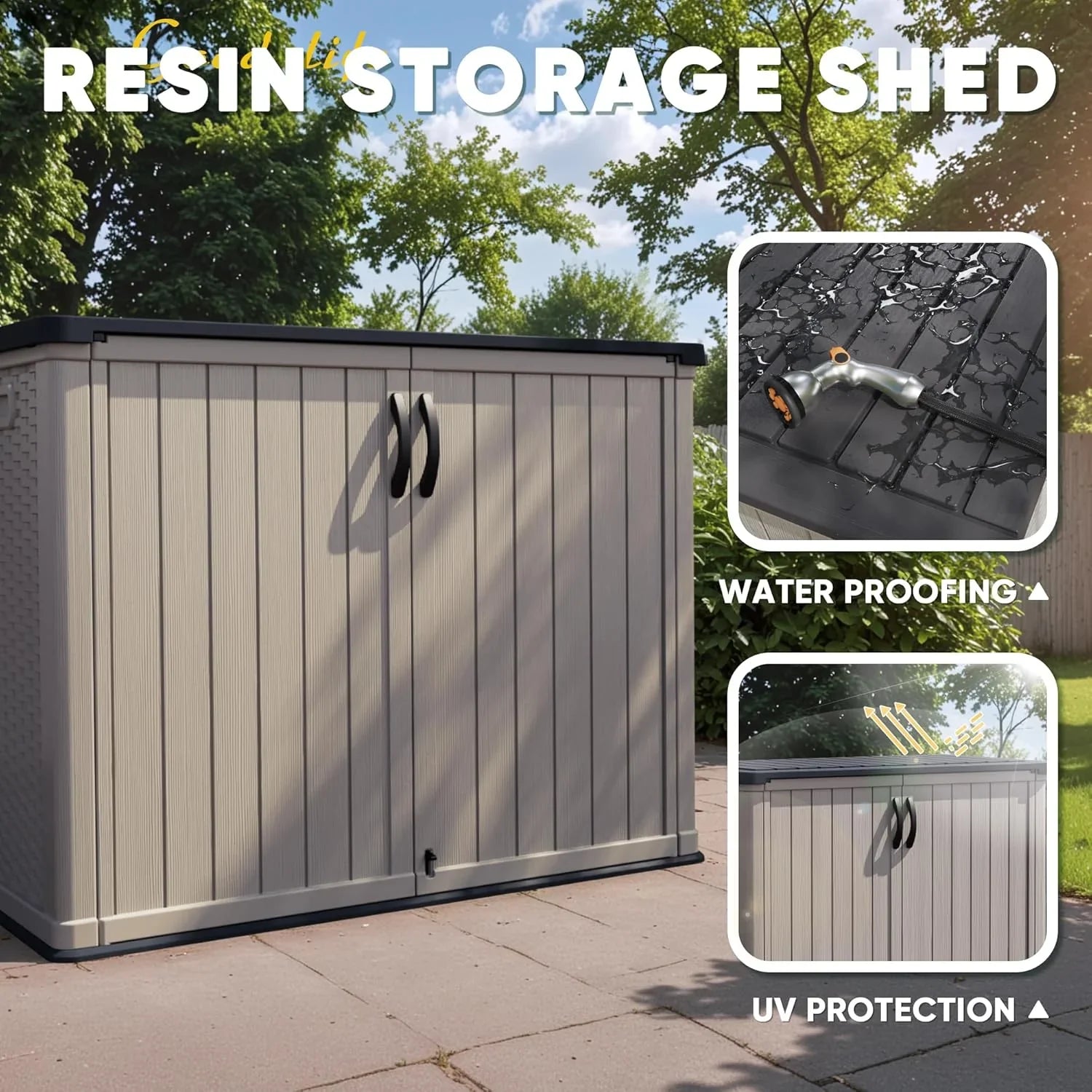 Armoire de rangement extérieure Devoko 26 pi³ avec portes verrouillables, abri de rangement horizontal, boîte de rangement étanche pour outils de patio