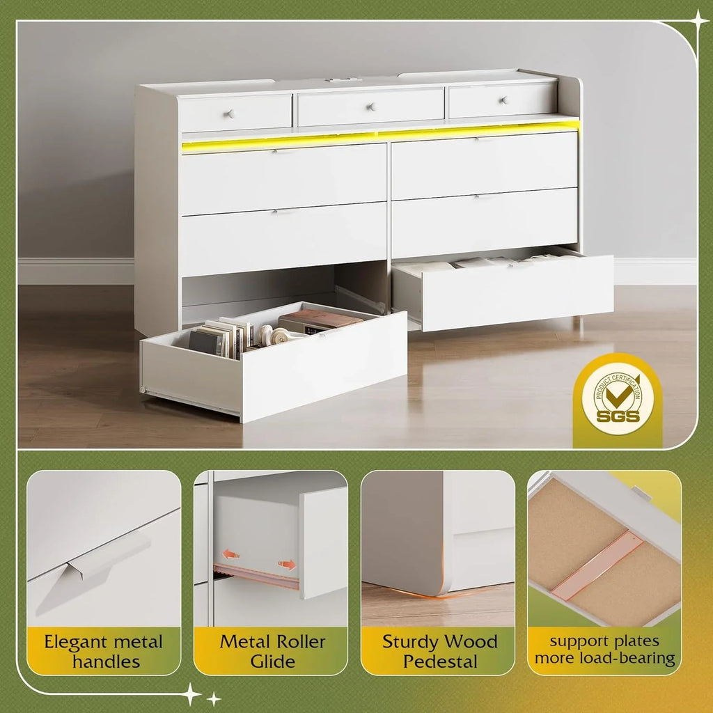 Commode LED à 9 tiroirs pour chambre à coucher, 148 cm de large, organiseur de rangement en bois avec prise électrique