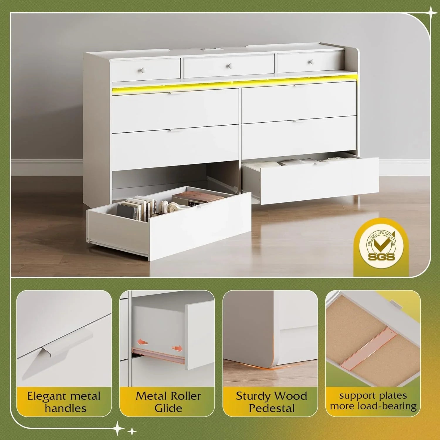 Commode LED à 9 tiroirs pour chambre à coucher, 148 cm de large, organiseur de rangement en bois avec prise électrique