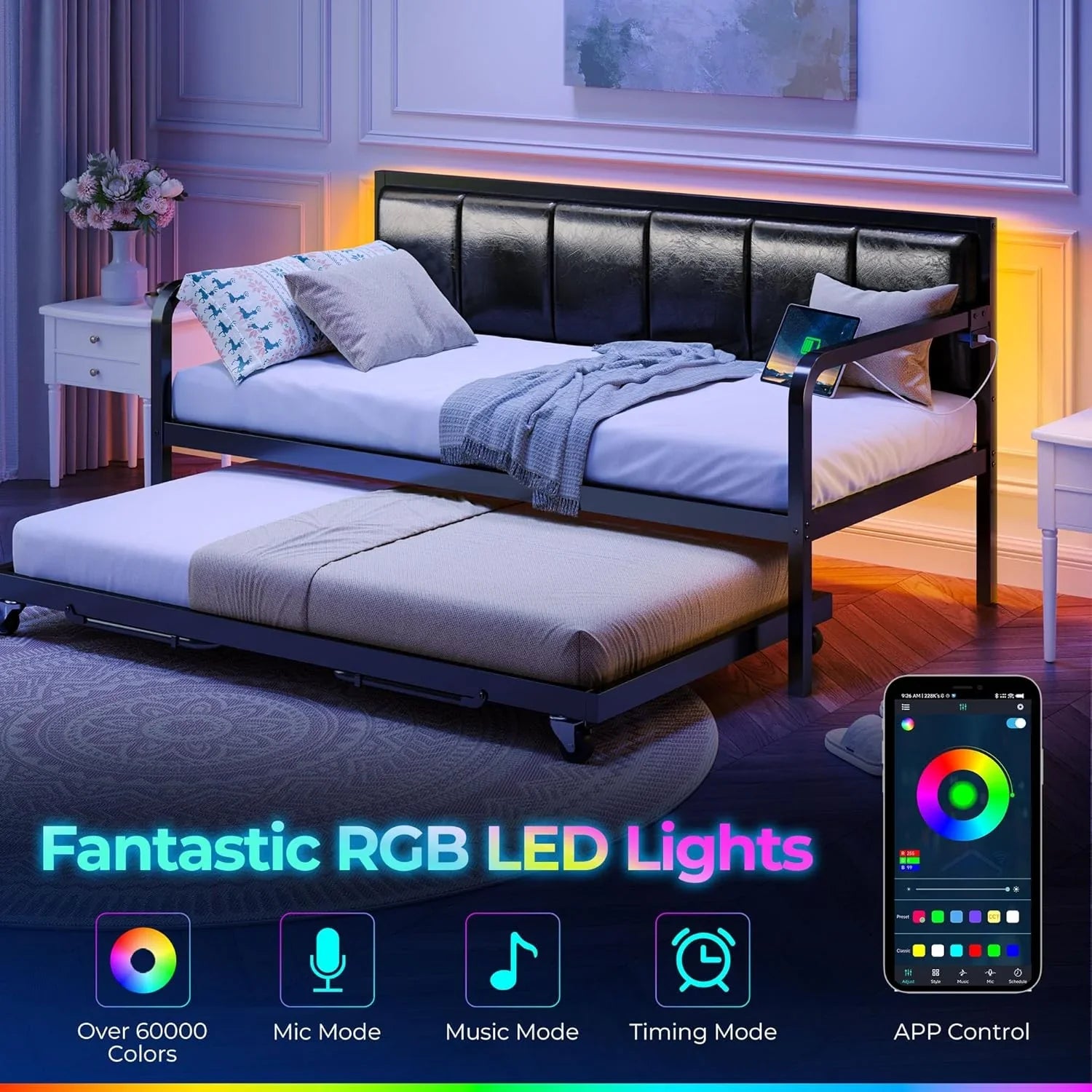 Lit de repos Rolanstar avec station de charge et éclairage LED, lit de repos double réglable en hauteur avec lit gigogne, cadre de canapé-lit en métal avec support à lattes en acier