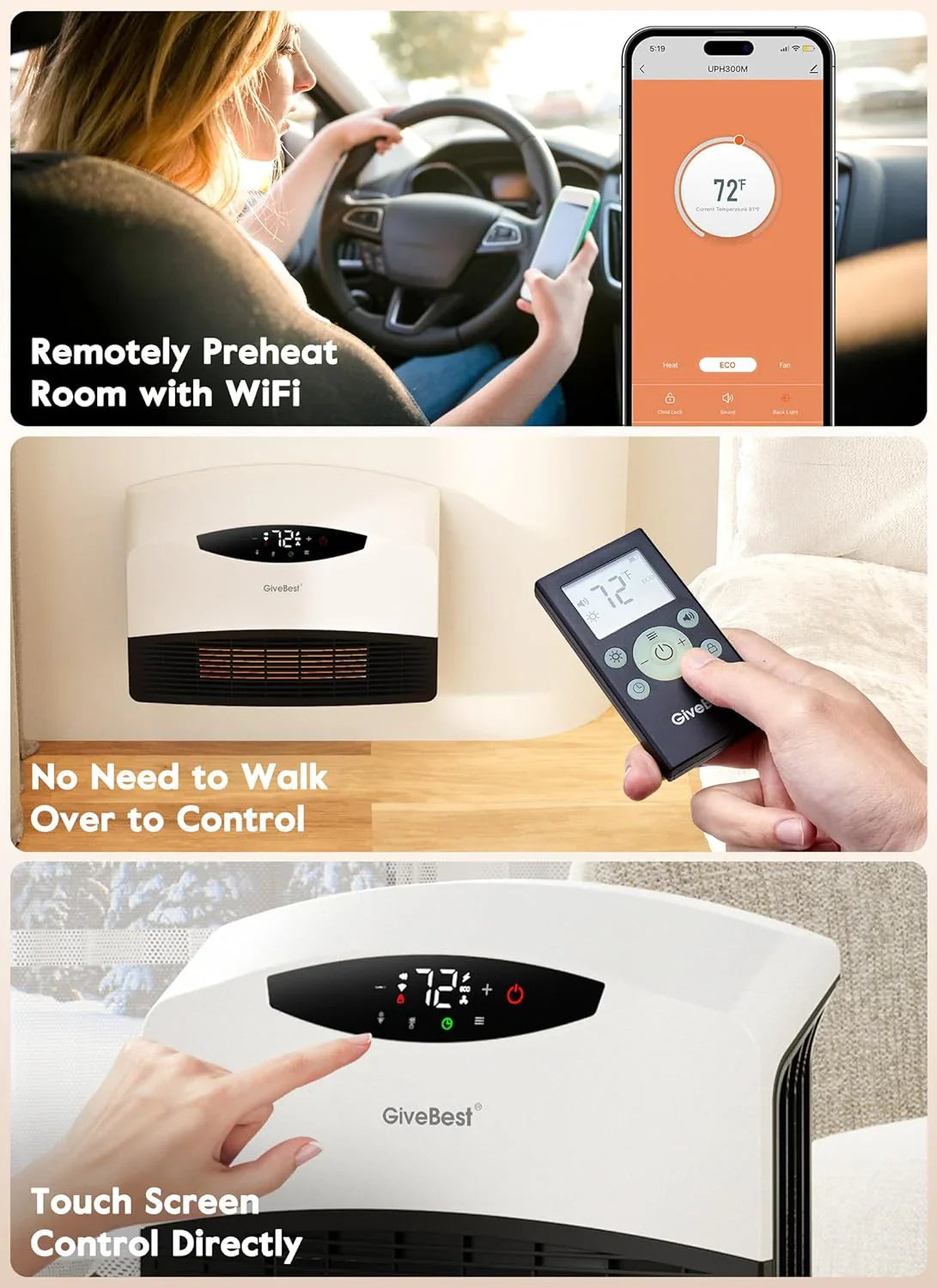 Radiateur électrique mural avec WiFi et télécommande, radiateur sur pied 1500W couverture rapide pour grandes pièces