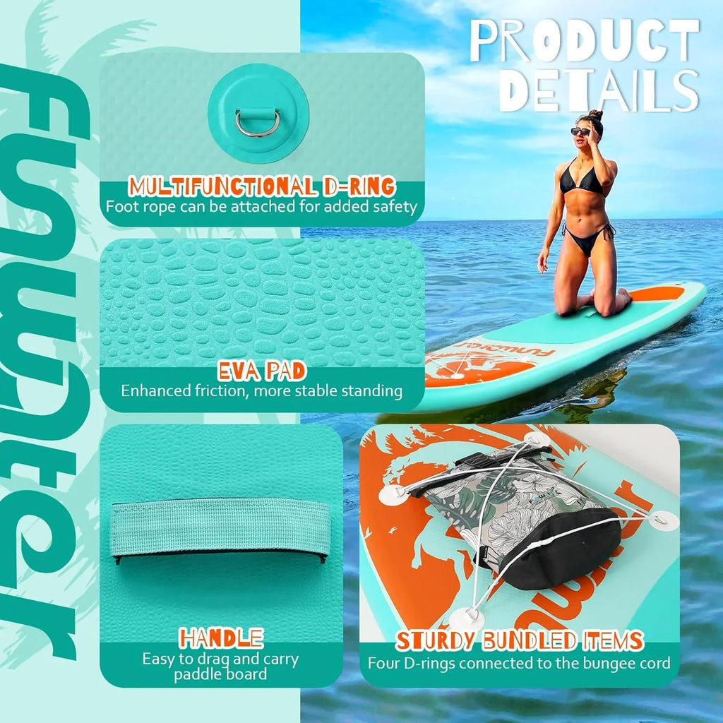 Planche de stand up paddle gonflable FunWater avec accessoires de pagaie SUP haut de gamme, pont EVA antidérapant, pagaie 11'/10'6'