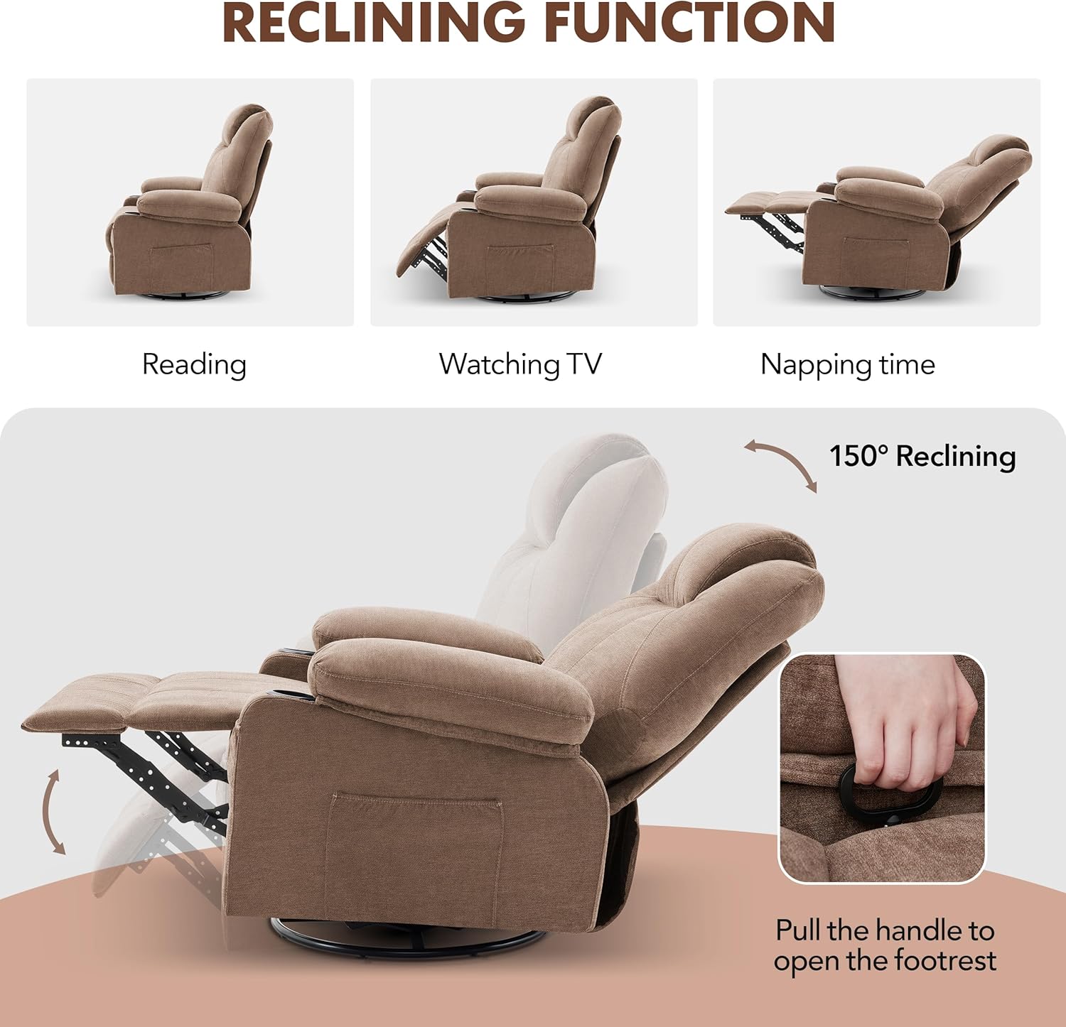 Grand fauteuil inclinable pivotant à bascule avec fonction chauffage et massage, canapé simple pivotant à 360 degrés