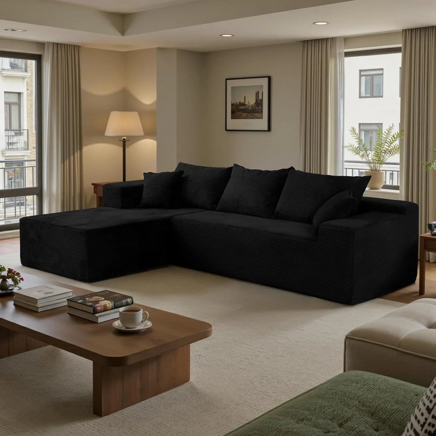 Cloud sofa with L-shaped lounge chair, modern modular sofa with deep seats