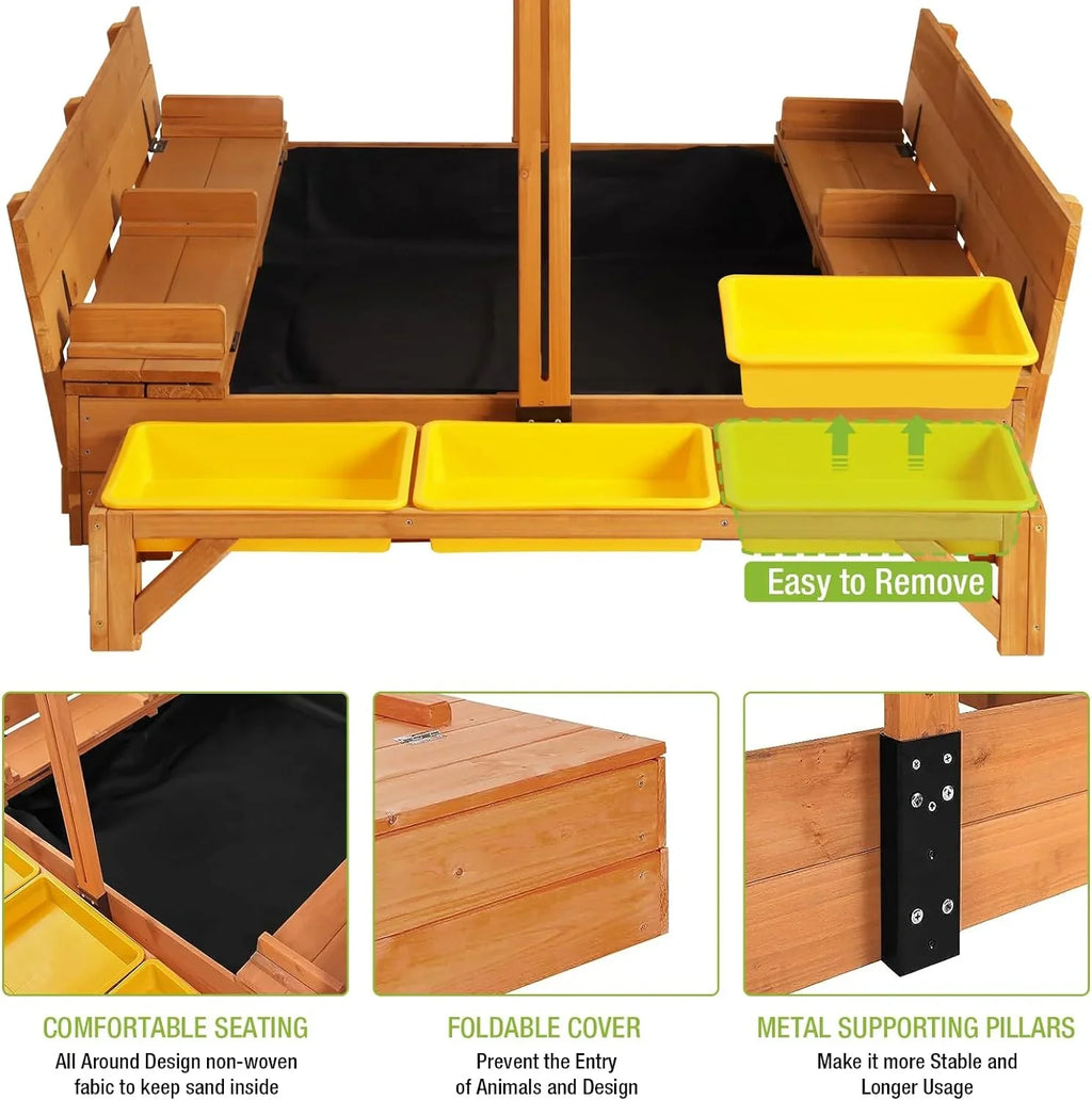 Bac à sable extérieur en bois pour enfants avec auvent, 2 bancs pliants, toit rétractable et pare-sable