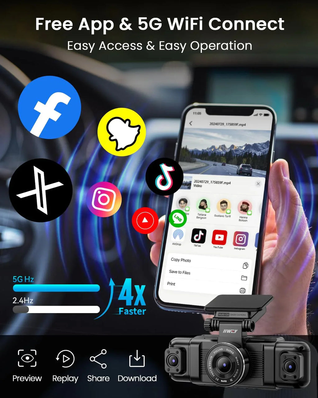Caméra embarquée Channel Dash Cam 360°, 1080p, vision nocturne à 8 lumières infrarouges, Wi-Fi 5G et contrôle par application, accéléromètre, mode stationnement, carte SD 128 Go gratuite.