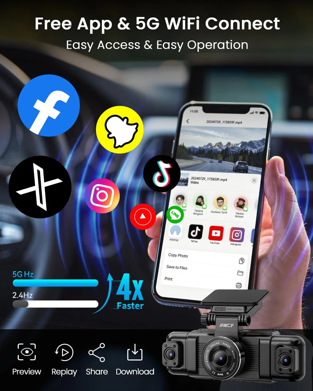 Caméra embarquée Channel Dash Cam 360°, 1080p, vision nocturne à 8 lumières infrarouges, Wi-Fi 5G et contrôle par application, accéléromètre, mode stationnement, carte SD 128 Go gratuite.