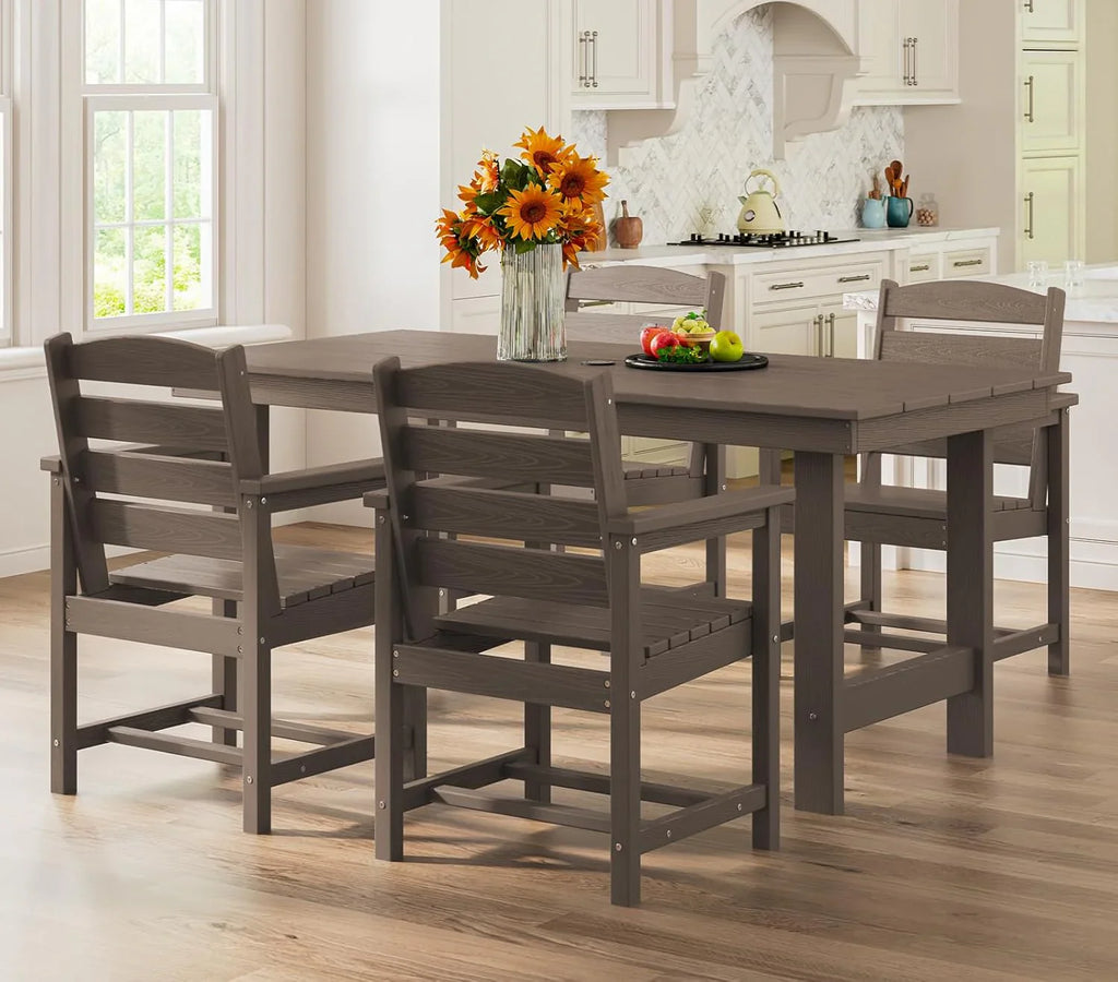 Ensemble de salle à manger d'extérieur en PEHD, 7 pièces, avec table découpée pour parasol et 6 chaises