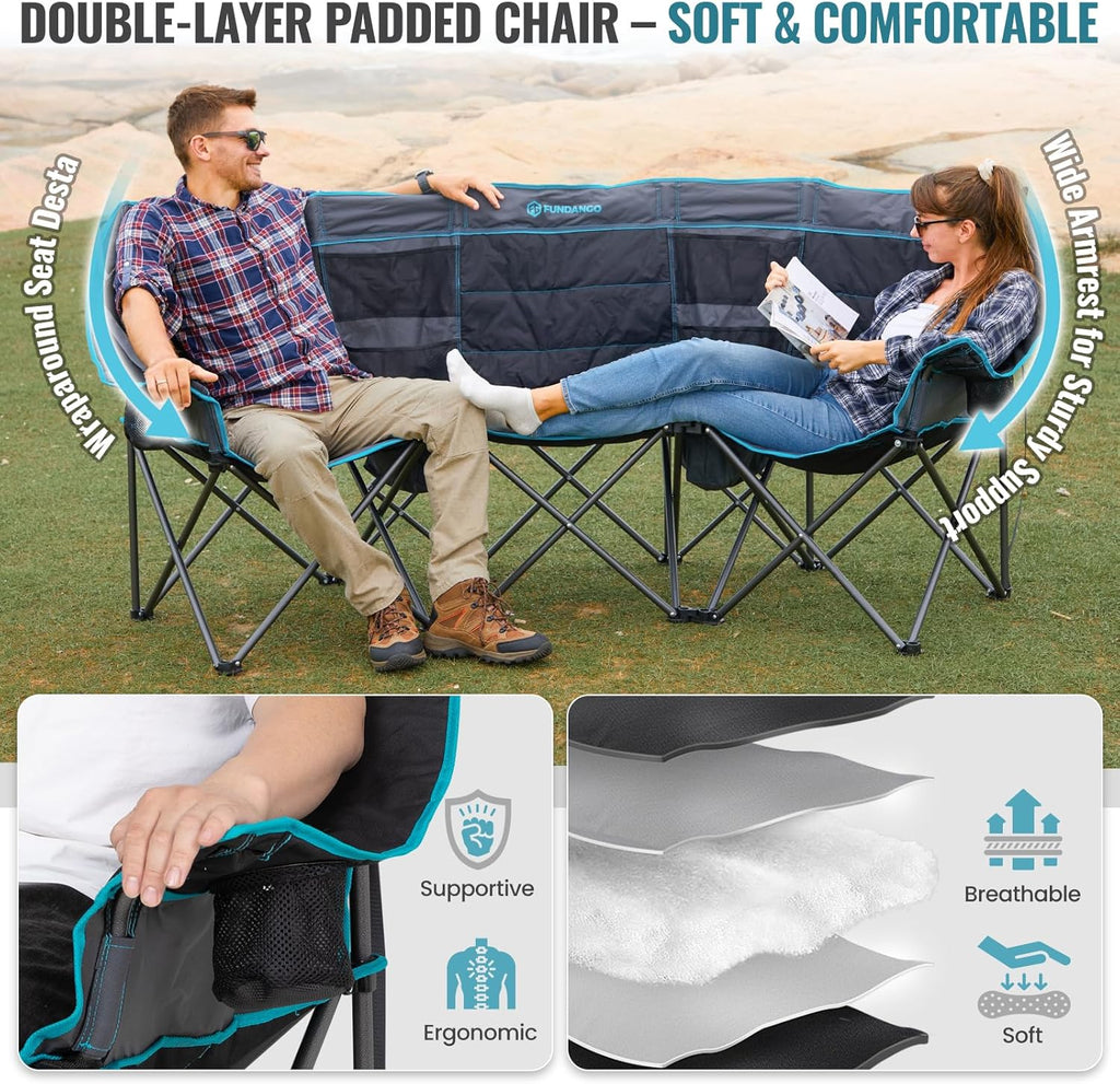 Chaise de camping double avec glacière Chaise de camping pliante extra large pour 3 personnes avec capacité de charge de 1 000 livres