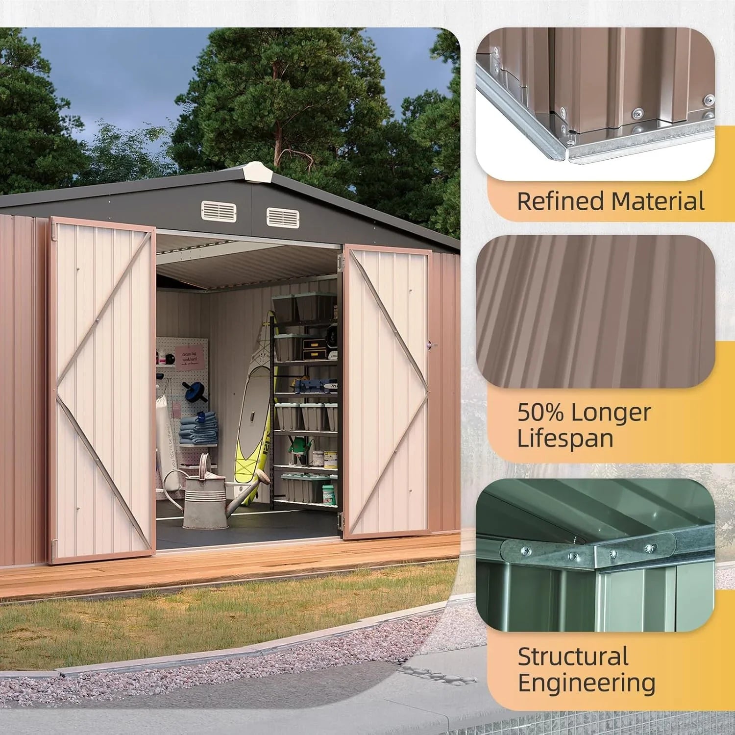 Abri de jardin Aoxun 7,4 x 5,3 pi, plancher en acier galvanisé, abri de jardin en métal, portes doubles