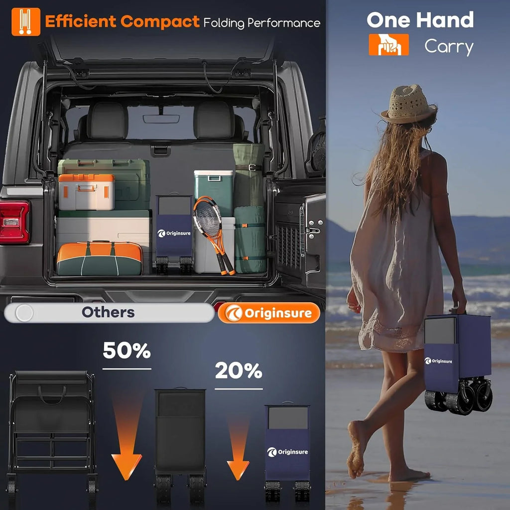 Poussette pliable à quatre roues de 96 cm de long, pliable, capacité de 200 kg, poussette de plage pliable robuste de 220 litres avec de grands pneus tout-terrain