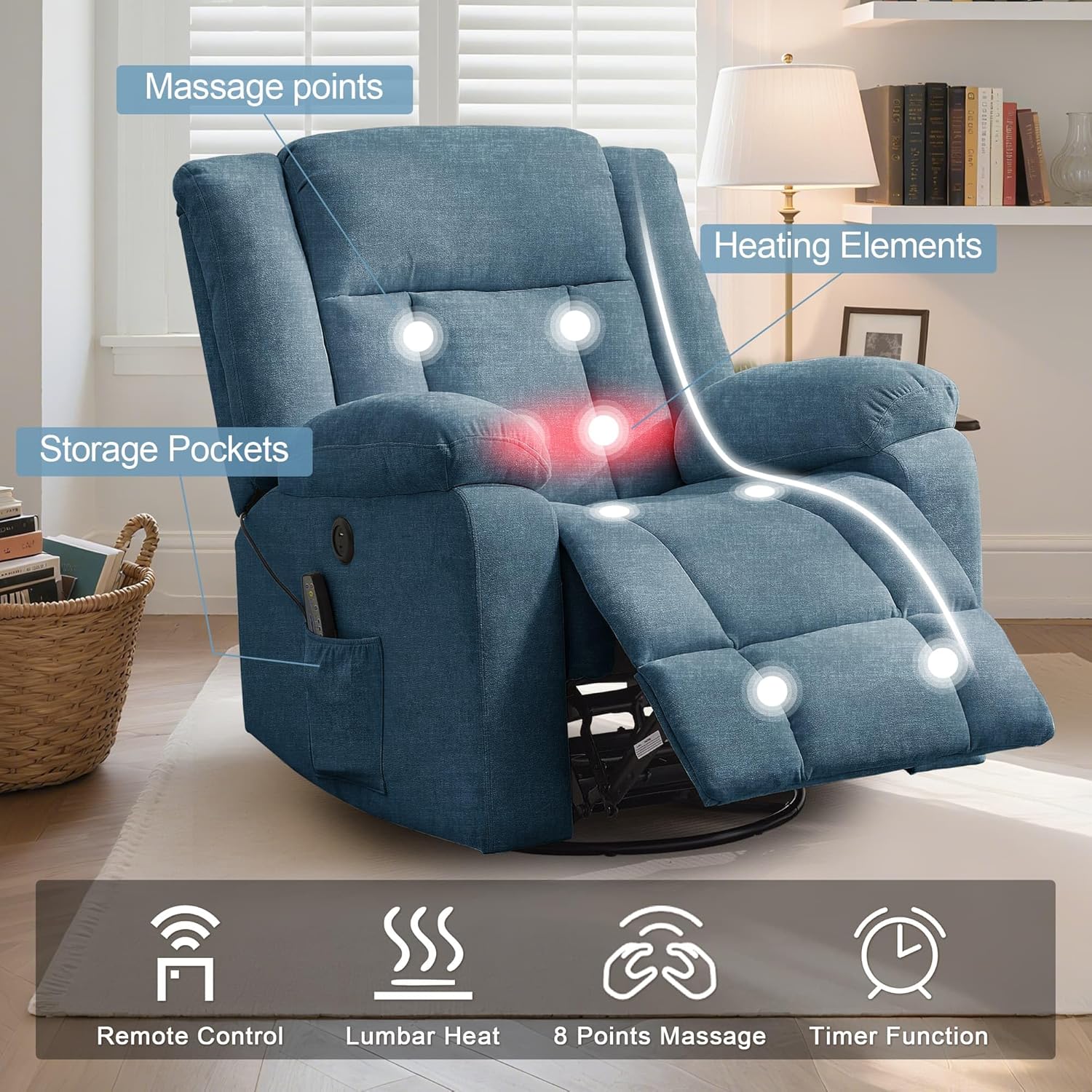Fauteuil à bascule pour adulte, fauteuil inclinable coulissant, fauteuil à bascule rotatif à 360° avec fonction massage et chauffage