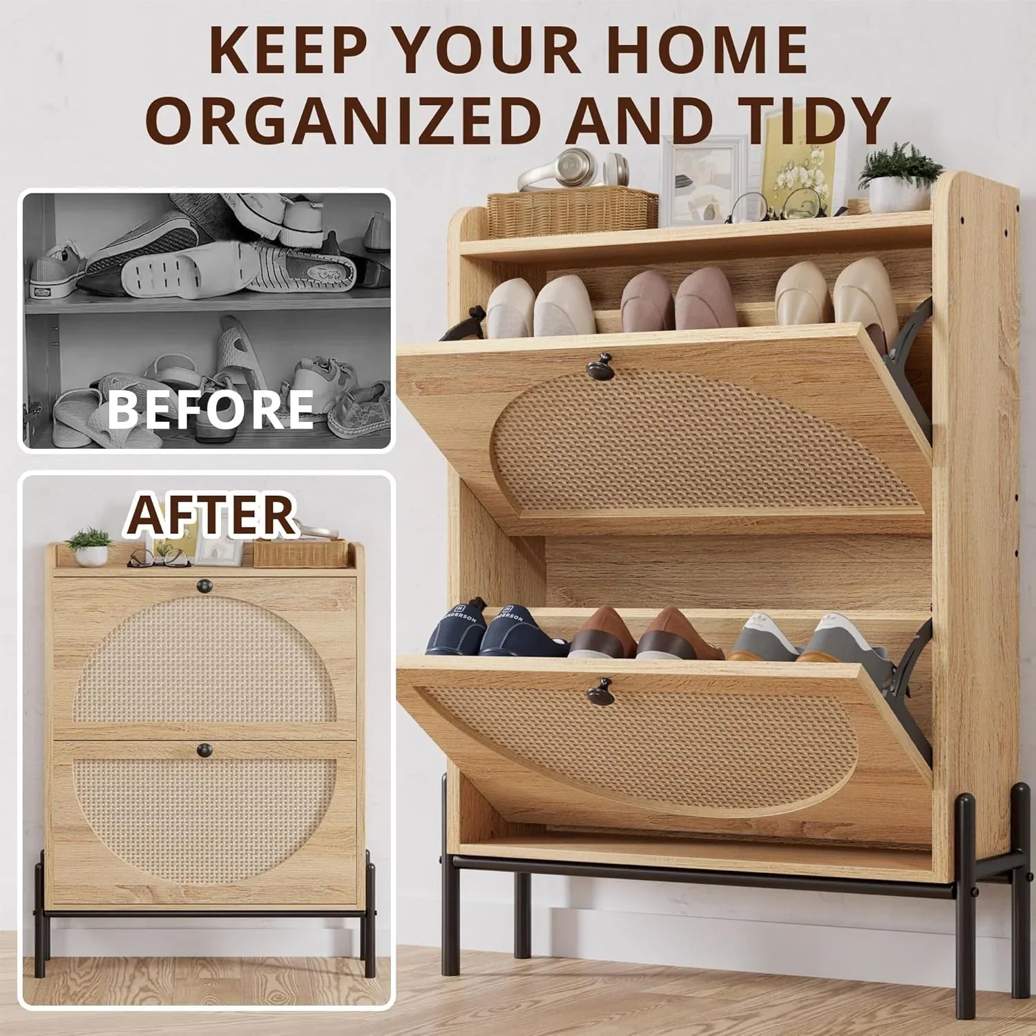 Meuble à chaussures IRONCK avec 2 tiroirs rabattables, meuble de rangement à chaussures indépendant en bois