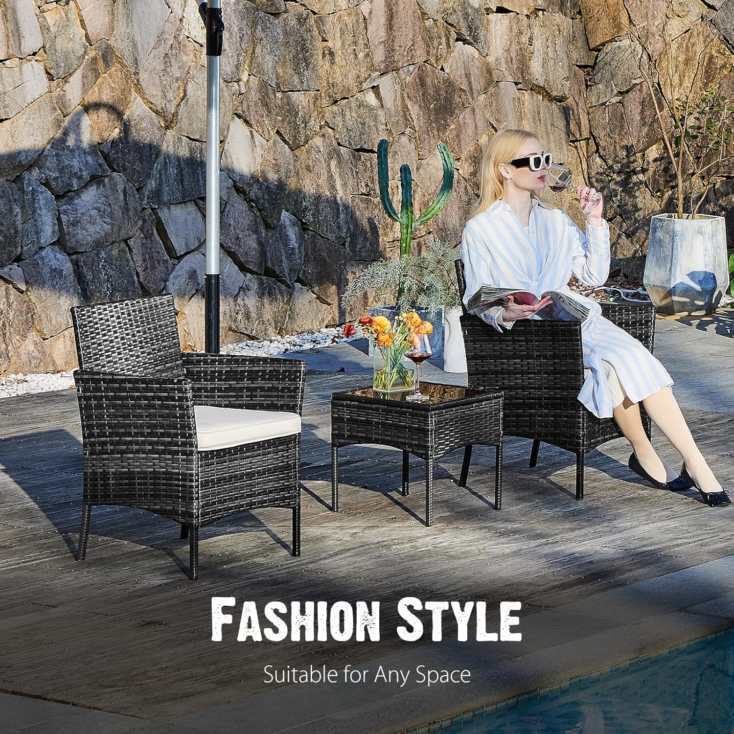 Ensemble de meubles de patio 3 pièces Sweetcripy, en osier tressé à la main