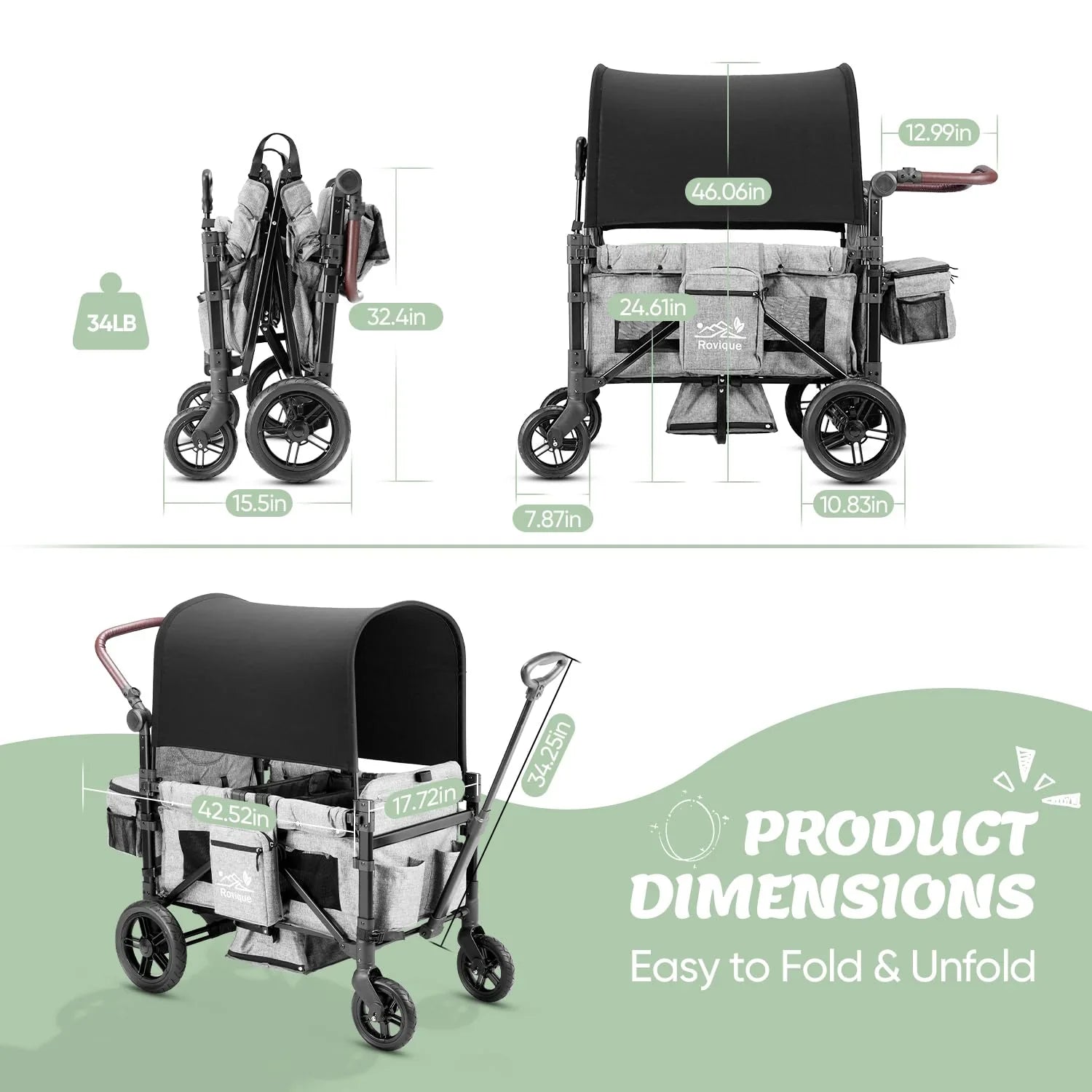 Poussette Wagon pour 2 enfants, poussette premium pour enfants avec auvent amovible, plateau à goûter et couffin convertible