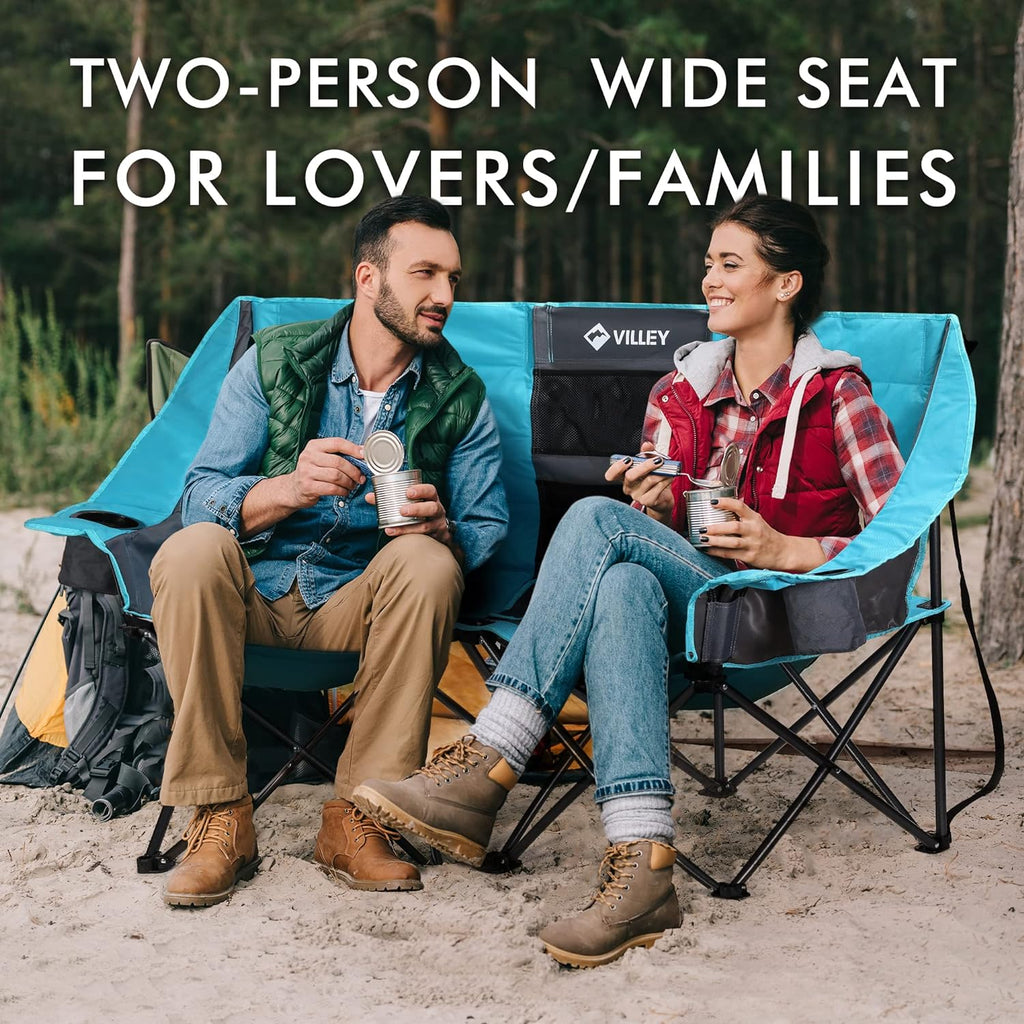 Chaise de camping double (avec sac isotherme), causeuse extra large, canapé de camping rembourré robuste, chaise pliante portable