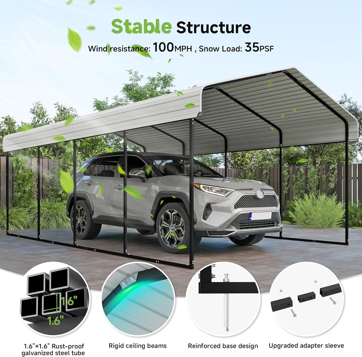Abri d'auto en métal robuste de 10'x15', abri de garage extérieur avec cadre plus lourd