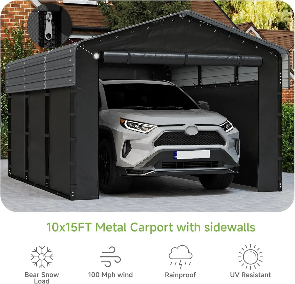 Abri d'auto en métal robuste de 10'x15', abri de garage extérieur avec cadre plus lourd