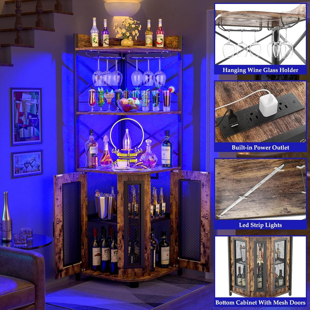 Meuble bar d'angle avec prise de courant, armoire à vin de style industriel avec bande lumineuse LED et support à verres, meuble bar à vin à cinq niveaux pour la maison, vitrine d'angle pour petit espace