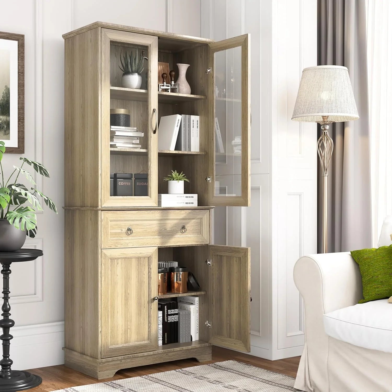 Armoire de garde-manger de 180 cm de haut avec portes vitrées