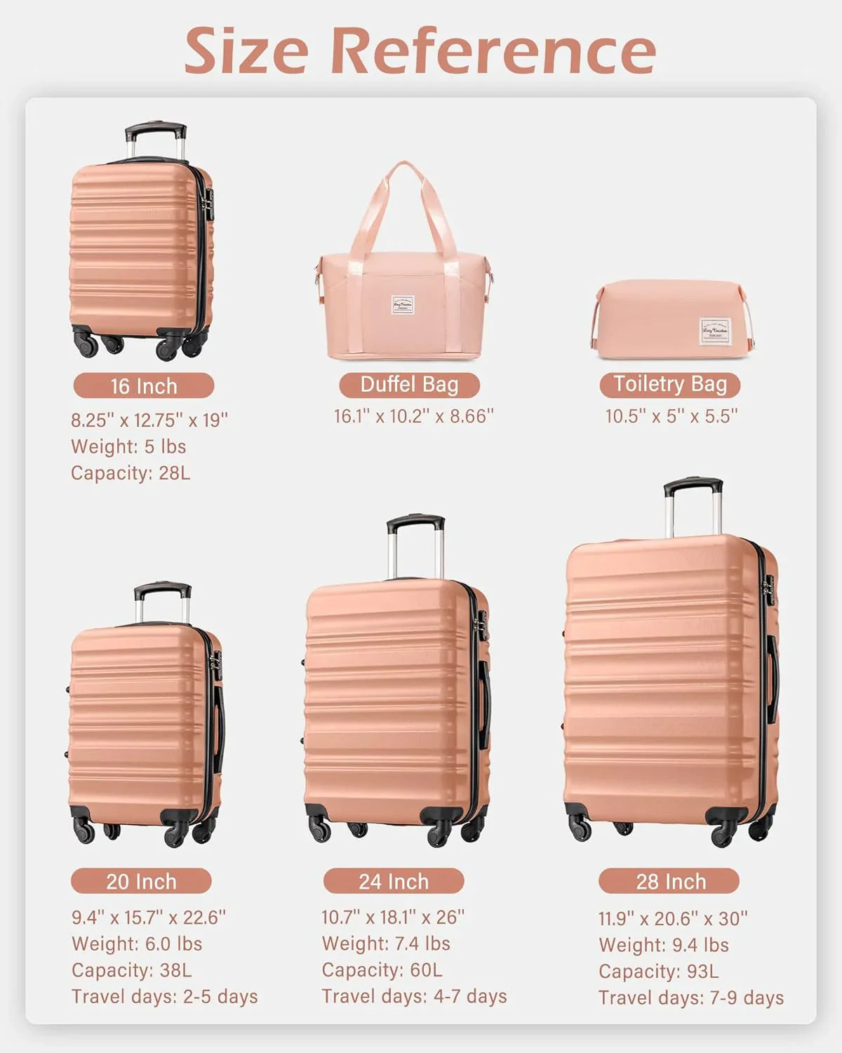 Ensemble de bagages LONG VACANCES 6 pièces : valise cabine rigide en ABS et PC, roulettes pivotantes et fermeture éclair YKK, cadenas TSA