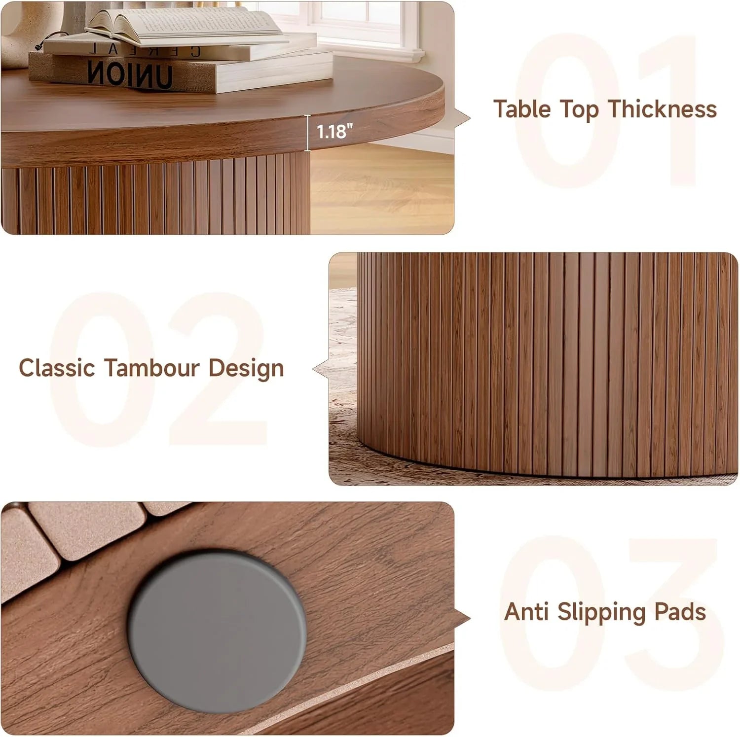 Table basse ronde de 31,5 pouces, table basse enroulable de salon, table basse en bois moderne du milieu du siècle