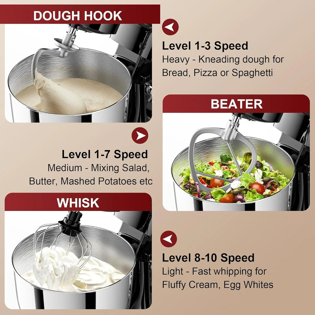 Batteur sur socle 10 vitesses avec protection anti-éclaboussures 8 en 1, tête inclinable, bol en acier inoxydable de 6 litres + crochet pétrisseur/fouet/mixeur/grattoir lavable au lave-vaisselle