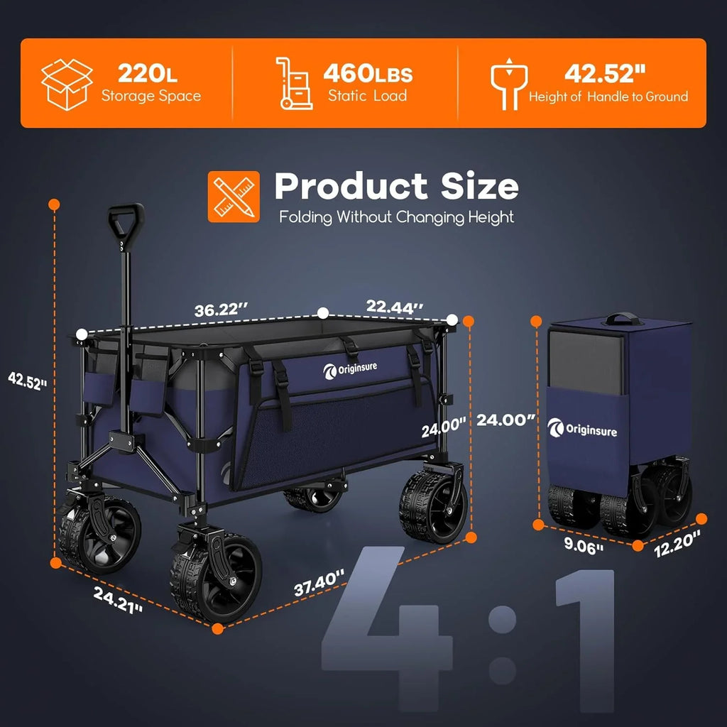 Poussette pliable à quatre roues de 96 cm de long, pliable, capacité de 200 kg, poussette de plage pliable robuste de 220 litres avec de grands pneus tout-terrain